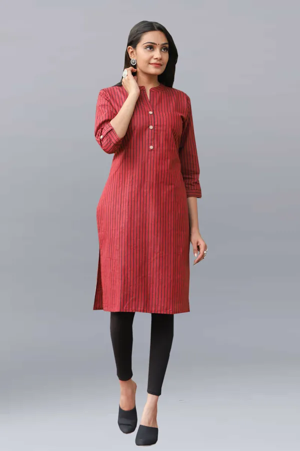 Maroon_Regular_Pure_Cotton_Printed_Striped_Calf_Length_Kurta_For_Women