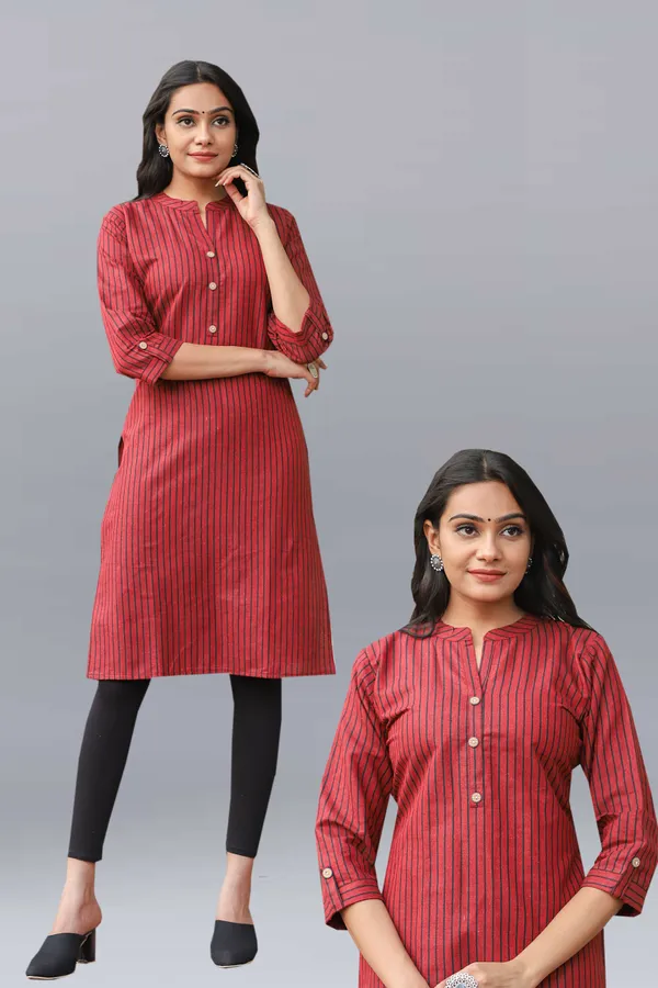 Maroon_Regular_Pure_Cotton_Printed_Striped_Calf_Length_Kurta_For_Women