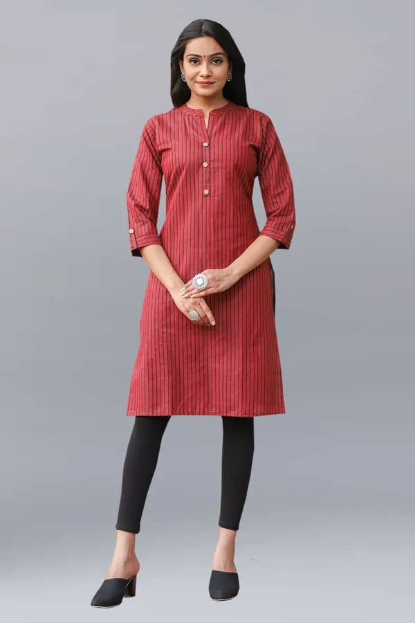 Maroon_Regular_Pure_Cotton_Printed_Striped_Calf_Length_Kurta_For_Women