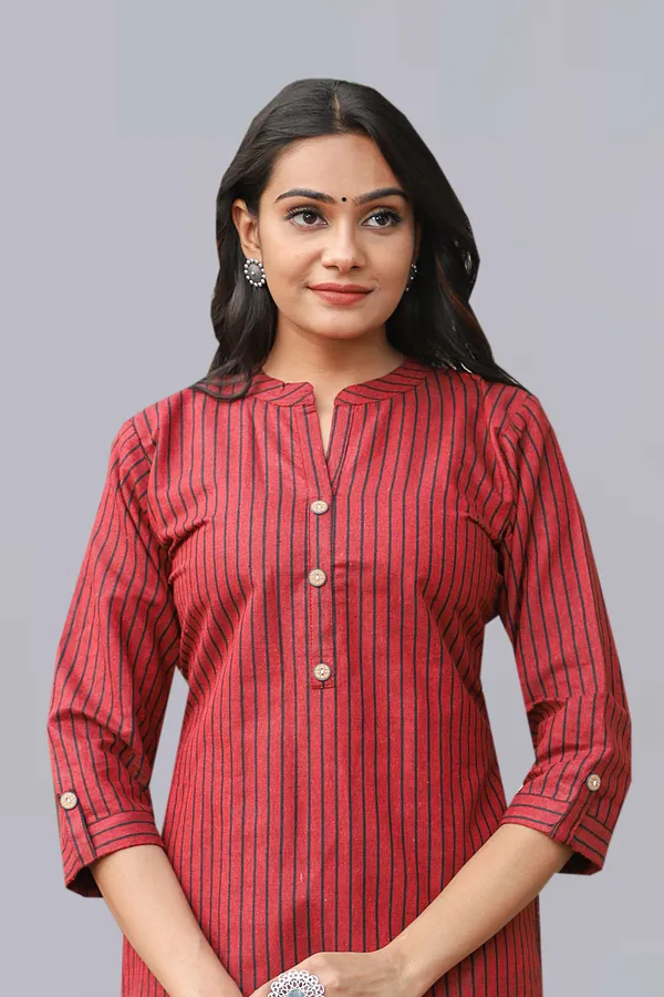 Maroon_Regular_Pure_Cotton_Printed_Striped_Calf_Length_Kurta_For_Women