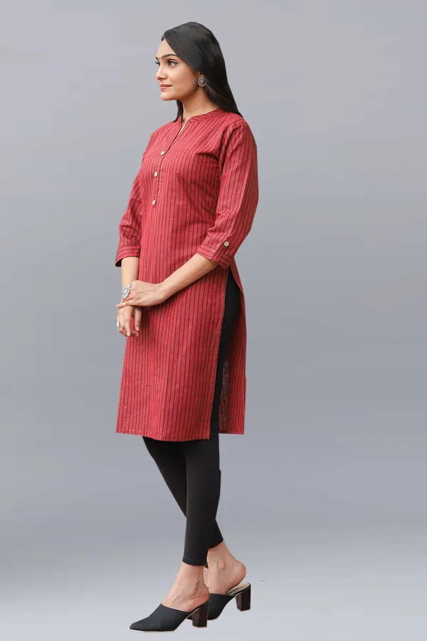 Maroon_Regular_Pure_Cotton_Printed_Striped_Calf_Length_Kurta_For_Women
