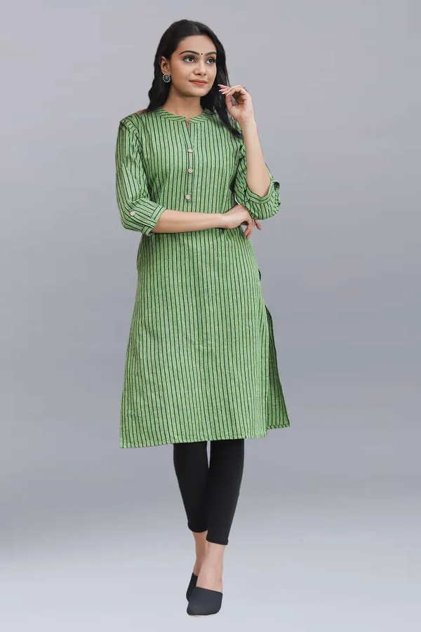 Dark_Green_Regular_Pure_Cotton_Printed_Striped_Calf_Length_KurtaFor_Women