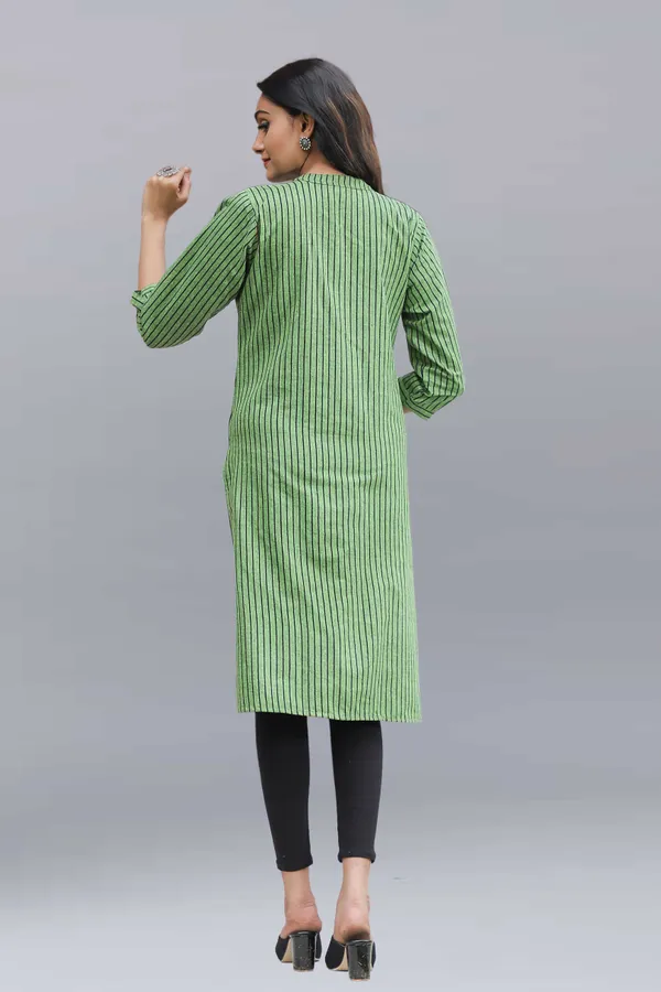 Dark_Green_Regular_Pure_Cotton_Printed_Striped_Calf_Length_KurtaFor_Women