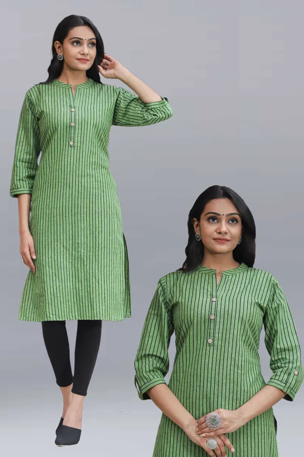 Dark_Green_Regular_Pure_Cotton_Printed_Striped_Calf_Length_KurtaFor_Women