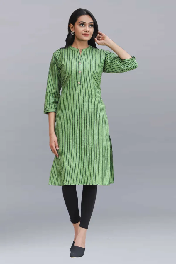 Dark_Green_Regular_Pure_Cotton_Printed_Striped_Calf_Length_KurtaFor_Women