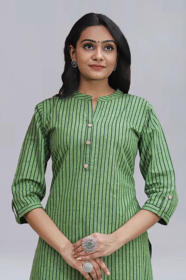 Dark_Green_Regular_Pure_Cotton_Printed_Striped_Calf_Length_KurtaFor_Women