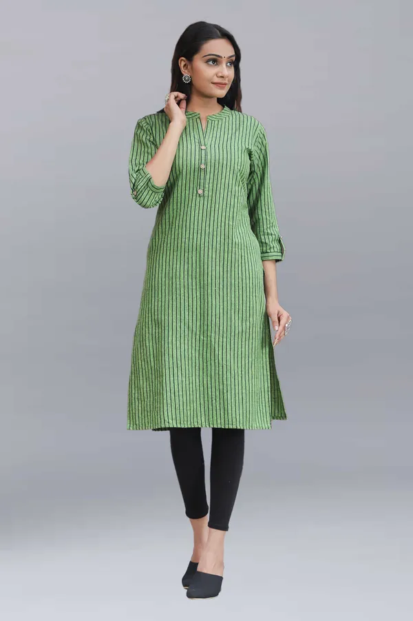 Dark_Green_Regular_Pure_Cotton_Printed_Striped_Calf_Length_KurtaFor_Women
