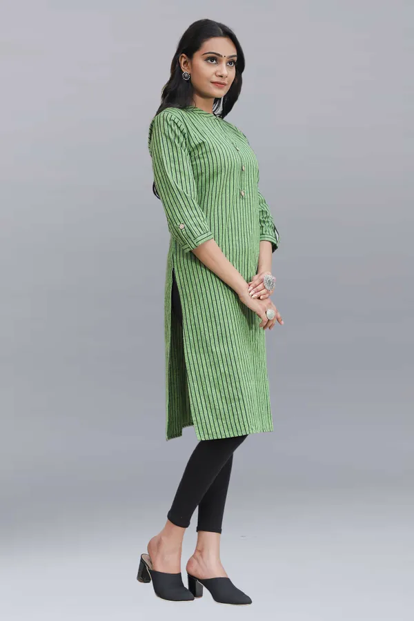 Dark_Green_Regular_Pure_Cotton_Printed_Striped_Calf_Length_KurtaFor_Women