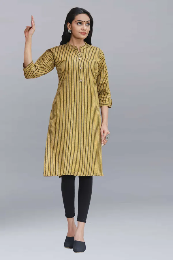 Yellow_Regular_Pure_Cotton_Printed_Striped_Calf_Length_Kurta_For_Women