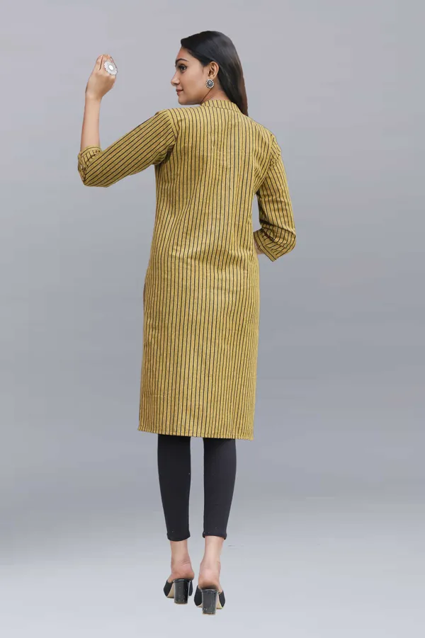 Yellow_Regular_Pure_Cotton_Printed_Striped_Calf_Length_Kurta_For_Women