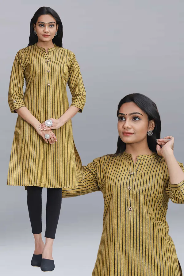 Yellow_Regular_Pure_Cotton_Printed_Striped_Calf_Length_Kurta_For_Women