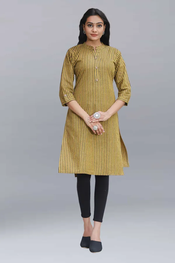 Yellow_Regular_Pure_Cotton_Printed_Striped_Calf_Length_Kurta_For_Women