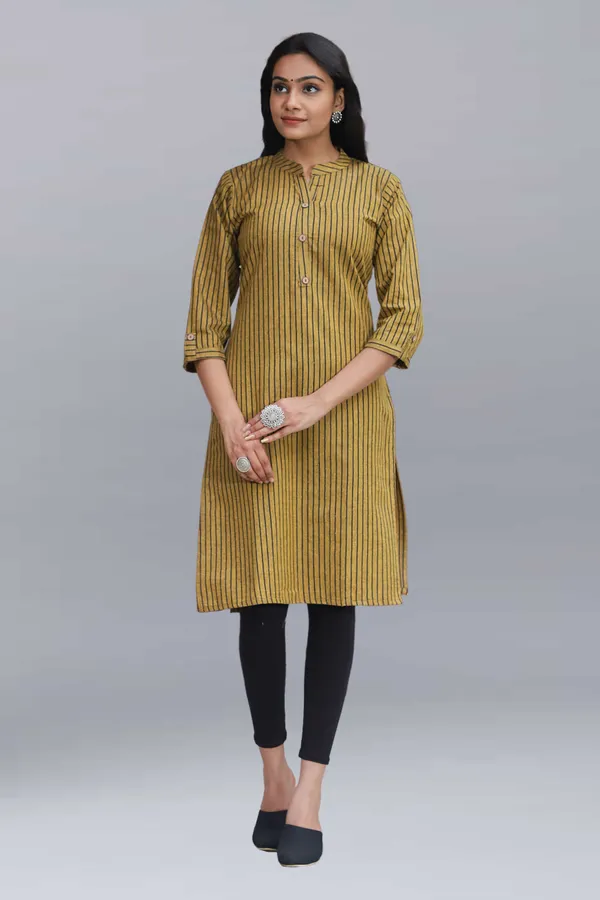 Yellow_Regular_Pure_Cotton_Printed_Striped_Calf_Length_Kurta_For_Women