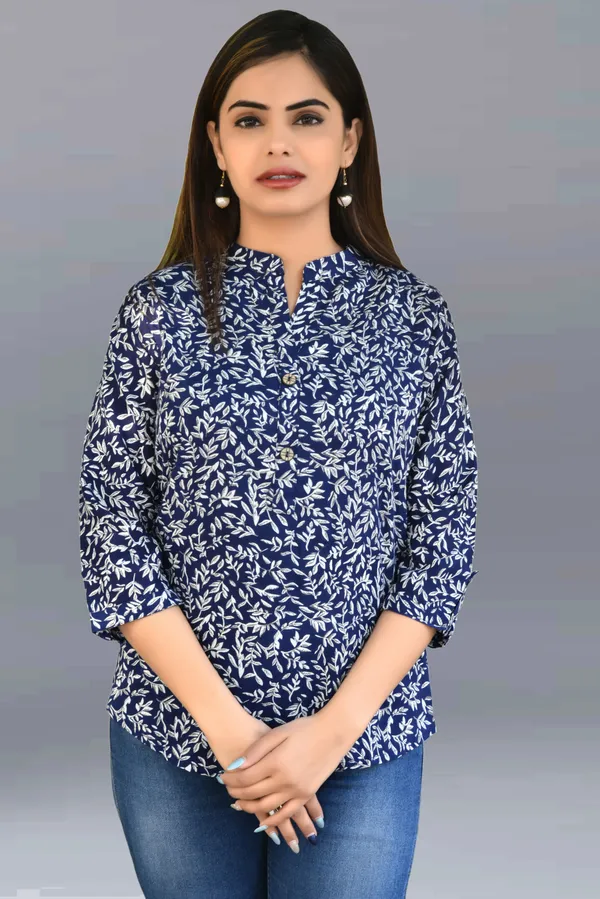 Dark_Blue_&_White_Viscose_Rayon_Casual_Printed_Top_For_Women