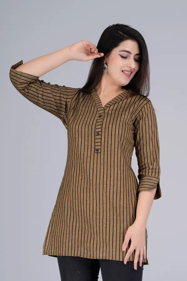 Yellow_&_Black_Cotton_Blend_Casual_Striped_Top_For_Women