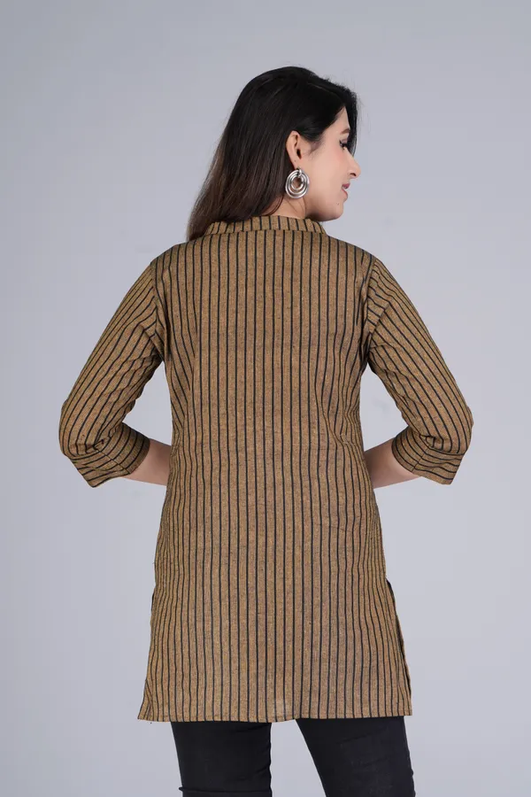 Yellow_&_Black_Cotton_Blend_Casual_Striped_Top_For_Women