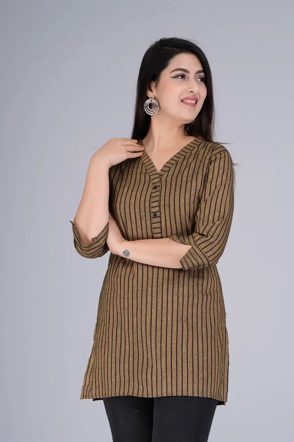 Yellow_&_Black_Cotton_Blend_Casual_Striped_Top_For_Women