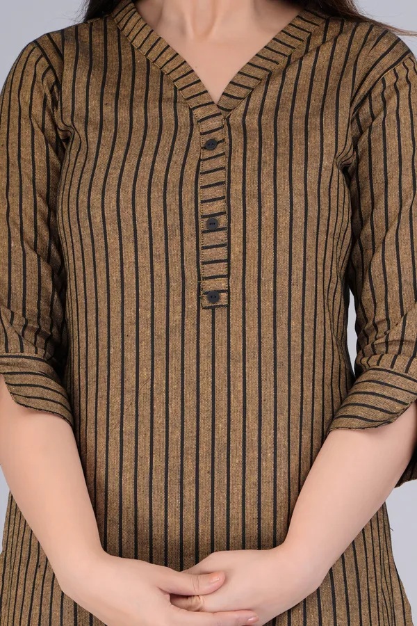Yellow_&_Black_Cotton_Blend_Casual_Striped_Top_For_Women