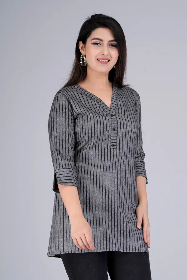 Grey_Cotton_Blend_Casual_Striped_Top_For_Women