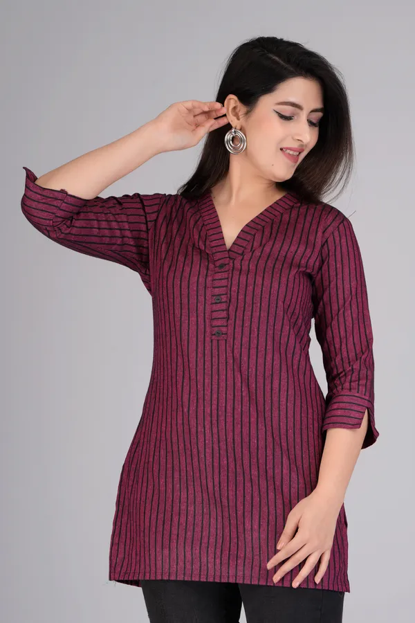 Purple_&_Black_Cotton_Blend_Casual_Striped_Top_For_Women