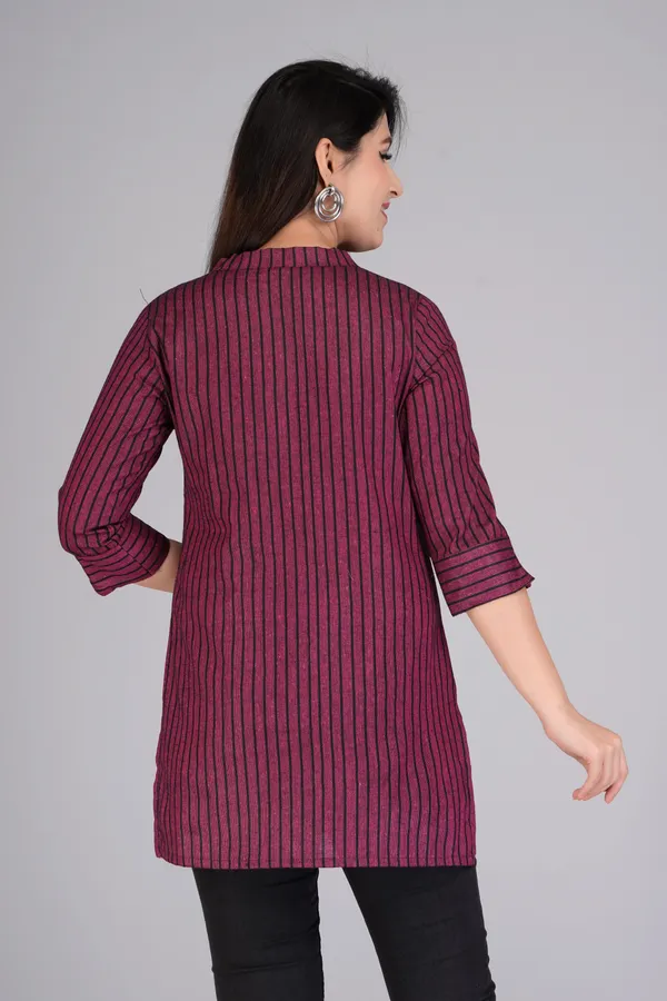 Purple_&_Black_Cotton_Blend_Casual_Striped_Top_For_Women