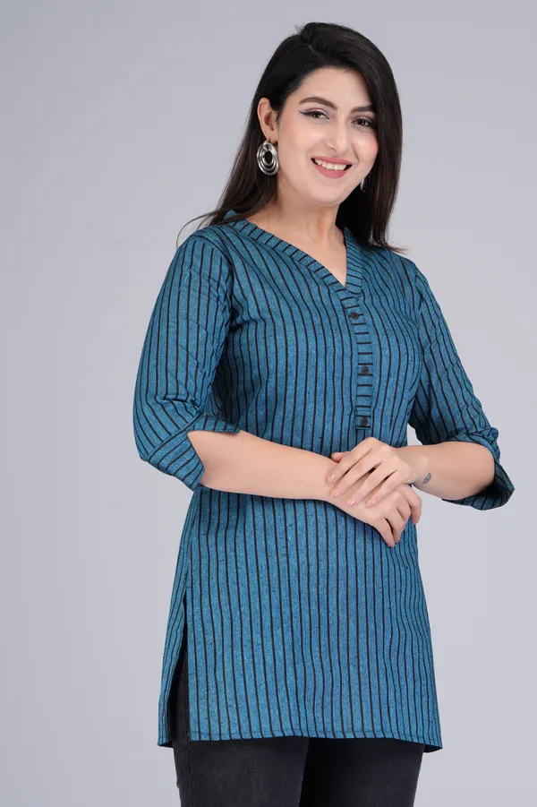 Dark_Blue_&_Black_Cotton_Blend_Casual_Striped_Top_For_Women