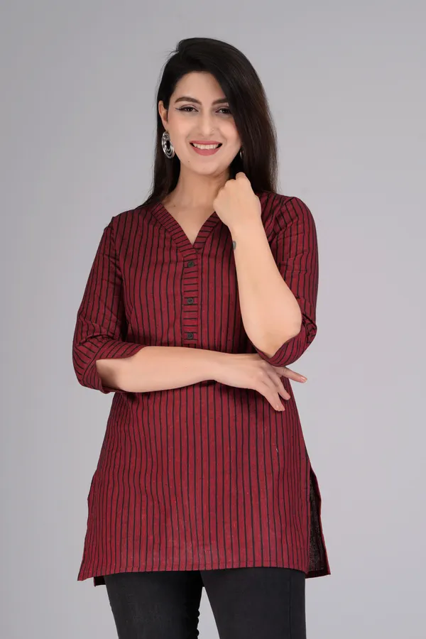 Maroon_Cotton_Blend_Casual_Striped_Top_For_Women