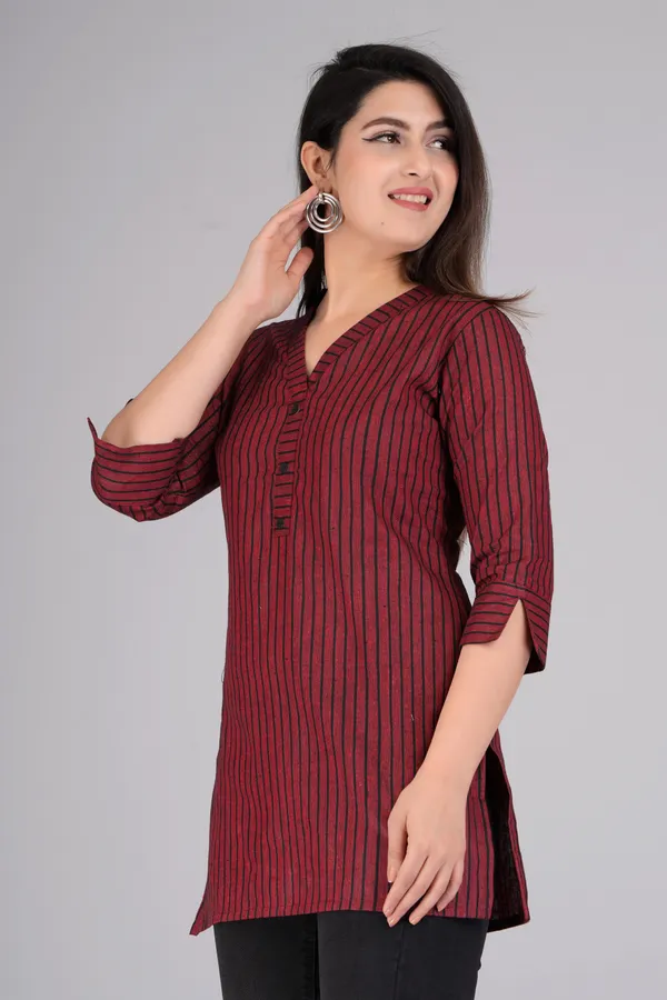 Maroon_Cotton_Blend_Casual_Striped_Top_For_Women