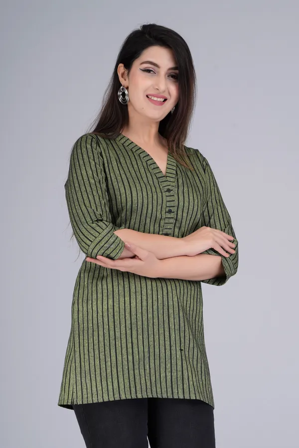 Black_&_Green_Cotton_Blend_Casual_Striped_Top_For_Women