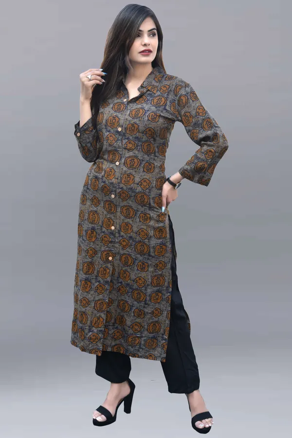 Brown_Regular_Viscose_Rayon_Printed_Knee_Length_KurtaFor_Women