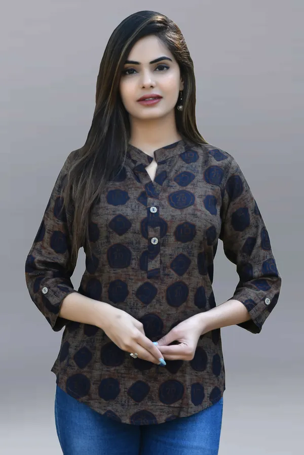 Dark_Blue_&_Brown_Viscose_Rayon_Casual_Printed_Top_For_Women