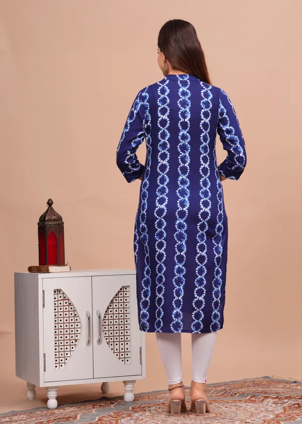 Dark_Blue_&_White_&_Blue_Regular_Viscose_Rayon_Floral_Print_Calf_Length_Kurta_For_Women