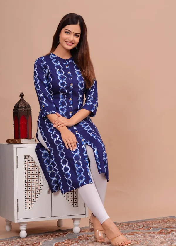 Dark_Blue_&_White_&_Blue_Regular_Viscose_Rayon_Floral_Print_Calf_Length_Kurta_For_Women