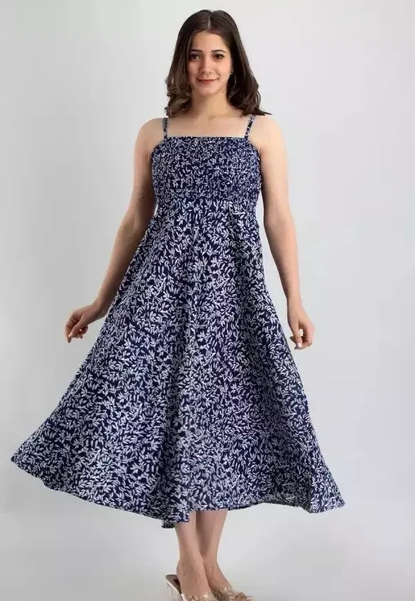 White_&_Dark_Blue_Viscose_Rayon_Ankle_Length_Fit_And_Flare_Dress_For_Women