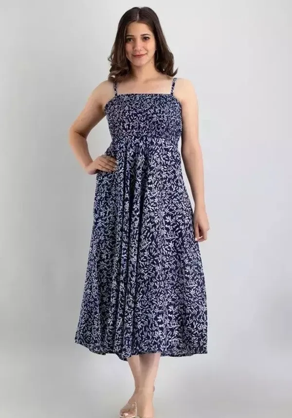 White_&_Dark_Blue_Viscose_Rayon_Ankle_Length_Fit_And_Flare_Dress_For_Women