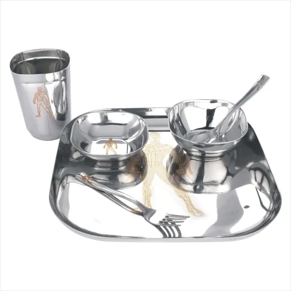 Grey_Laser_Print_Stainless_Steel_Square_Lunch_&_Dinner_Set_For_Kids__1_Plate_1_Curry_Bowl_1_Dessert_Plate_1_Glass_1_Spoon_&_1_Fork_(Spd)