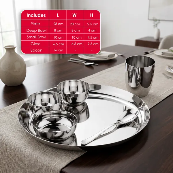 Grey_Stainless_Steel_Dinner_Set_18_Guage_Steel_Mirror_Polish__2_Bowls_Halwa_Plate_Glass_Spoon_Plate_(13_Inch_Round)