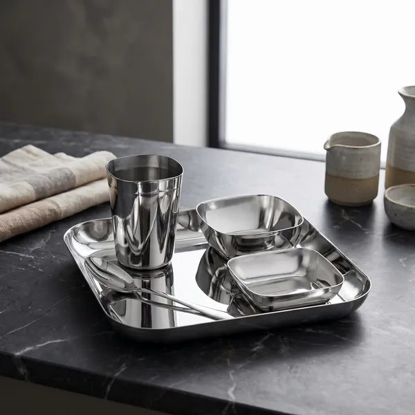 Grey_Stainless_Steel_Dinner_Set_For_Kids_Square_2_Bowls_Glass_Spoon_Plate_(8_Inch_Square)