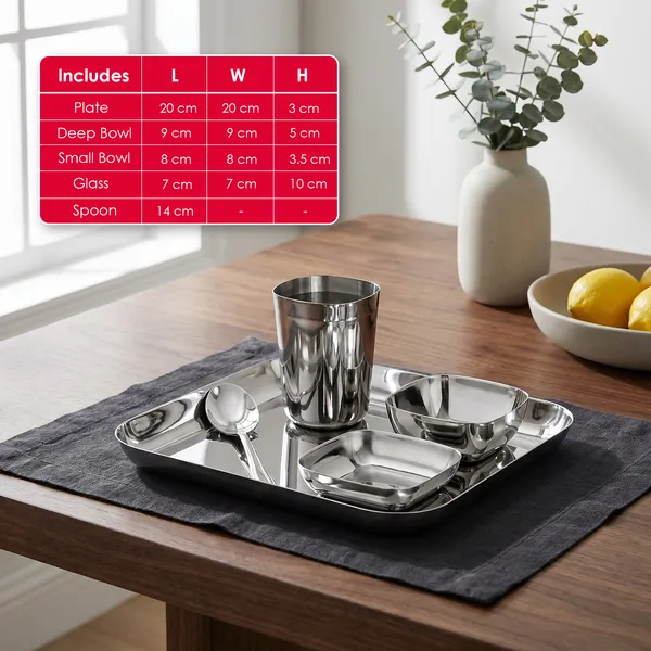 Grey_Stainless_Steel_Dinner_Set_For_Kids_Square_2_Bowls_Glass_Spoon_Plate_(8_Inch_Square)