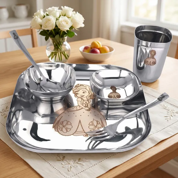 Grey_Square_Stainless_Steel_Baby_Dinner_Set__6_Piece_Dinner_Set_Bowl_Sweet_Dish_(Halwa_Plate)_Glass_Spoon_Plate_(Kids_Set_Laser_Printed_For_Girls)