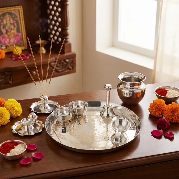 Silver_Laser_Print_Stainless_Steel_Puja_Thali_Puja_Bowls_(2)_Kalashdhoop_Stand_Diya_Bell_Haldi_Kumkum_Container_Made_In_India__(12_Inches)