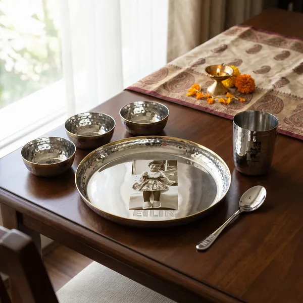Grey_S_K_Metal_Customized/Custom_Laser_Print_Stainless_Steel_Dinner_Set_Hammered_(8_Inch_)