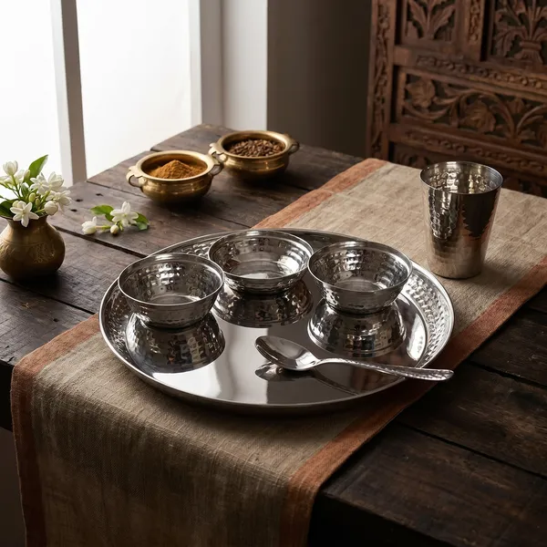 Grey_Stainless_Steel_Dinner_Set_18_Guage_Steel_Mirror_Polish__2_Bowls_Halwa_Plate_Glass_Spoon_Plate_(12_Inch_Vento_Hammered_Set)