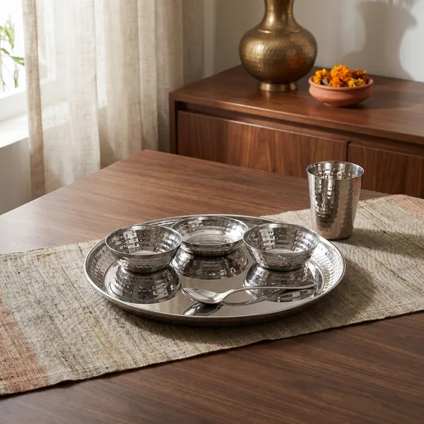Grey_Stainless_Steel_Dinner_Set_18_Guage_Steel_Mirror_Polish__2_Bowls_Halwa_Plate_Glass_Spoon_Plate_(12_Inch_Vento_Hammered_Set)