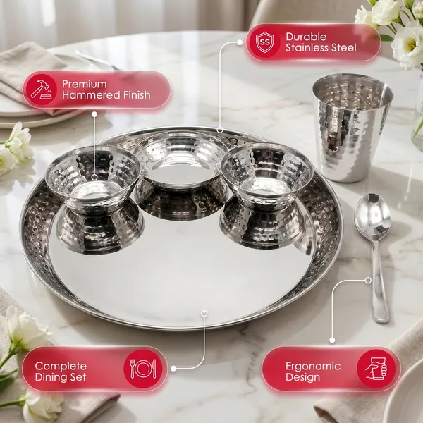 Grey_Stainless_Steel_Dinner_Set_18_Guage_Steel_Mirror_Polish__2_Bowls_Halwa_Plate_Glass_Spoon_Plate_(12_Inch_Vento_Hammered_Set)
