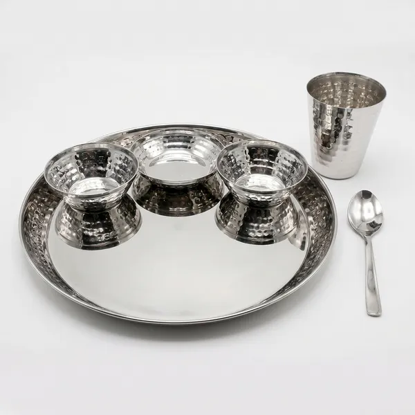 Grey_Stainless_Steel_Dinner_Set_18_Guage_Steel_Mirror_Polish__2_Bowls_Halwa_Plate_Glass_Spoon_Plate_(12_Inch_Vento_Hammered_Set)