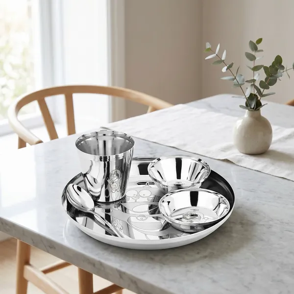 Grey_Stainless_Steel_Dinner_Set__6_Piece_Dinner_Set_Bowl_Sweet_Dish_(Halwa_Plate)_Glass_Spoon_Fork_And_Plate_(Kids_Set_Laser_Printed_1)