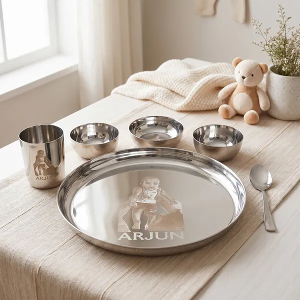 Grey_S_K_Metal_Customised/Custom_Laser_Print_Stainless_Steel_Dinner_Set__3_Bowls_Glass_Spoon_Plate_(12_Inch_Plain;Steel_)