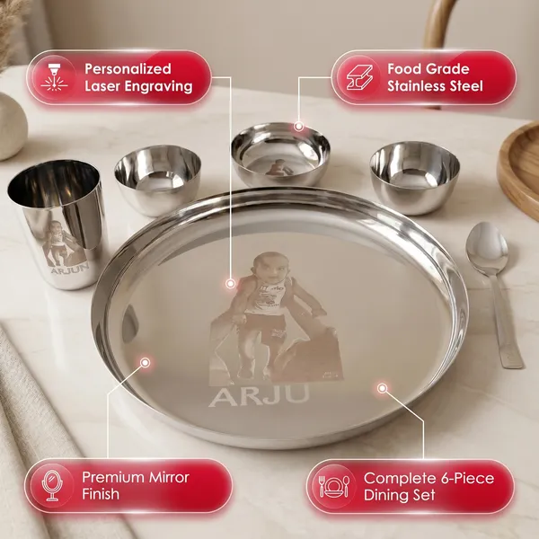 Grey_S_K_Metal_Customised/Custom_Laser_Print_Stainless_Steel_Dinner_Set__3_Bowls_Glass_Spoon_Plate_(12_Inch_Plain;Steel_)