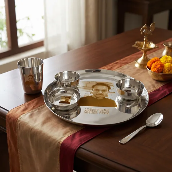 Grey_S_K_Metal_Customised/Custom_Laser_Print_Stainless_Steel_Dinner_Set__3_Bowls_Glass_Spoon_Plate_(12_Inch_Plain;Steel_)